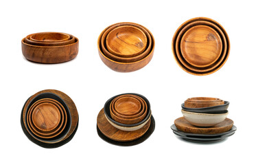 Empty Wood Bowls and Plates Isolated, Wooden Bowl, Black Plate Mockup on White Background Top View,