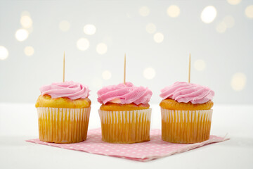 Pink Strawberry Three Cupcakes Topper Mockup. Styled against a white background with bokeh party...
