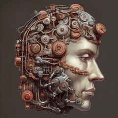 Man with mechanisms in his head. Technological man concept..