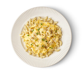 Plate of tasty Italian pasta with Cheddar cheese on white background