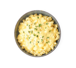 Bowl of tasty Italian pasta with Cheddar cheese on white background