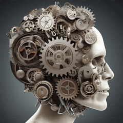 Man with mechanisms in his head. Technological man concept..