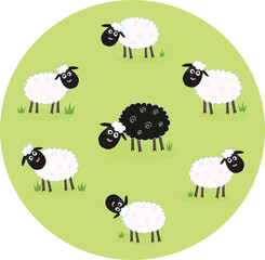 Stylized vector illustration of sheep family. The black sheep is different. This sheep is outsider and standing alone. Vector Illustration.