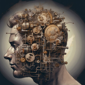 Man with mechanisms in his head. Technological man concept..