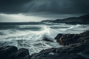 Obraz premium foamy waves crash against the rocks on the shore created with Generative AI technology