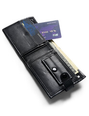 Black leather wallet with money and credit cards on white background