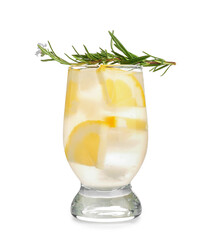 Glass with fresh lemonade on white background