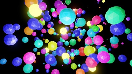 3d render. Abstract festive background with cloud of spheres flashing neon light randomly. Multi-colored balls in the air.