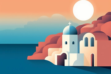 Minimalist, flat design, poster, santorini landscape, stunning, summer, blue sea. AI generative