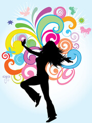 Fototapeta na wymiar Silhouette of a funky female on a bright coloured abstract background
