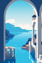 Minimalist, flat design, poster, santorini landscape, stunning, summer, blue sea. AI generative