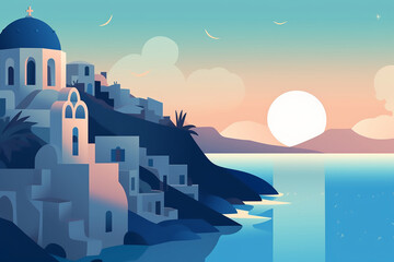 Minimalist, flat design, poster, santorini landscape, stunning, summer, blue sea. AI generative
