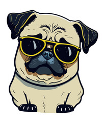 Pug dog cartoon illustration. Cute friendly fat chubby fawn sitting pug puppy, smiling with tongue out. Pets, dog lovers, animal themed design element isolated on white.