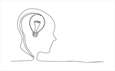 One single line drawing of human head with lightbulb inside for company logo identity. Innovation creativity process icon concept. Trendy continuous line draw design vector illustration.
