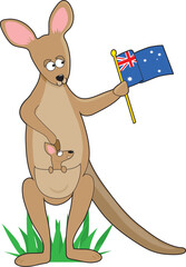 A kangaroo holding an Australian flag. Ther is a joey in her pouch. It is shaped like the letter K