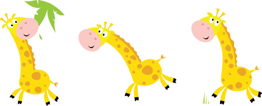 Yellow giraffe in 3 poses. Vector cartoon illustration.