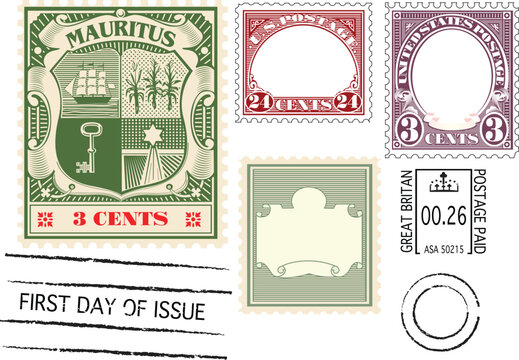 set of old postage stamps and  blank stamp template