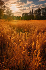 An autumn field, the sun is shining, amber. AI generative