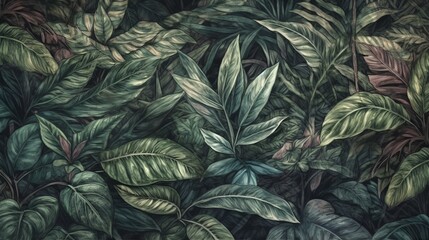Naklejka na ściany i meble Tropical leaves in a jungle watercolour background