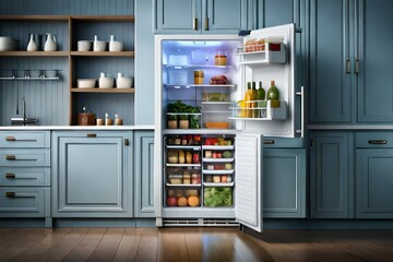 an open refrigerator filled with lots of different types of food and drinks in it's door, with a shelf full of fruits and vegetables