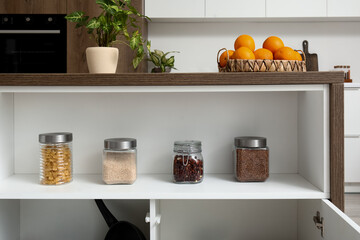 Counter with food in modern kitchen, closeup
