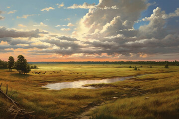 A realistic painting of a prairie in the land of living skies. AI generative