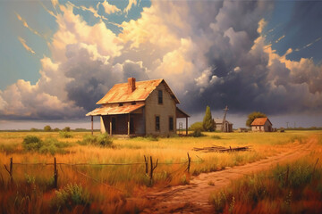 A realistic painting of a prairie in the land of living skies. AI generative