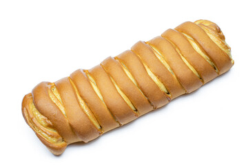 Dessert swirled golden color pastry roll filled isolated on white background