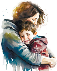 Mother and son mothers day watercolor white background