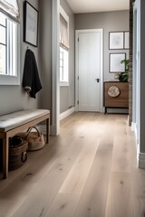 Interior of a modern living room with wooden floor and white walls. baseboard. pcitures, and furniture. Minimalistic. Created with generative AI