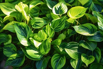 Fototapeta premium Vibrant green leaves bathed in sunlight, showcasing the beauty and vitality of chlorophyll-rich plant life. Generative Ai