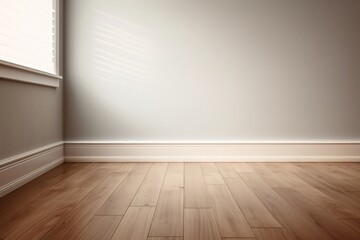 Empty room with wooden floor and white wall. 3d rendering style, empty space. molding, baseboard. window light. Created with generative AI