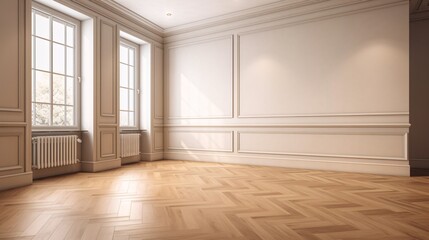 Empty room with white wall and wooden floor. Baseboard and molding on walls. Created with generative AI