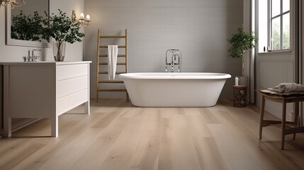 Naklejka na ściany i meble Bathroom interior with white bathtub and wooden floor. luxury design. Created with generative AI