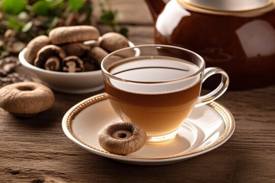 An image featuring a bottle of shiitake mushroom capsules alongside a steaming cup of herbal tea made with dried shiitake mushrooms, conveying the nutritional and medicinal benefits. Generative Ai