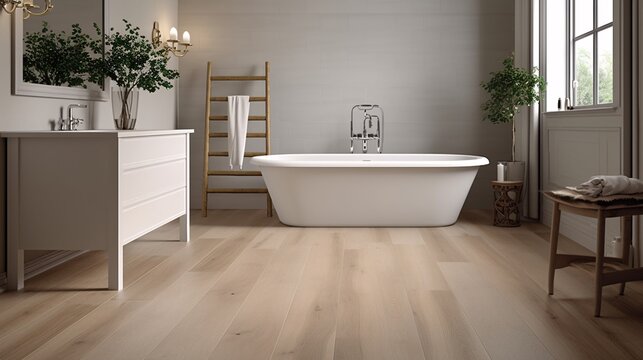 Bathroom interior with white bathtub and wooden floor. luxury design. Created with generative AI