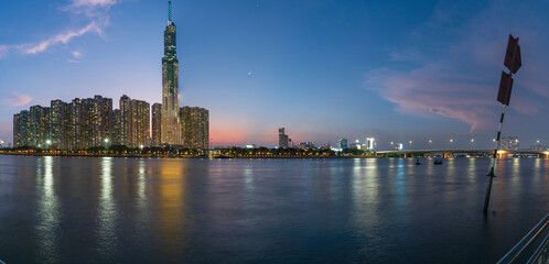 Panorama of district 2 Ho Chi Minh city at Evening with colorful sky, super highres stock photo 12k