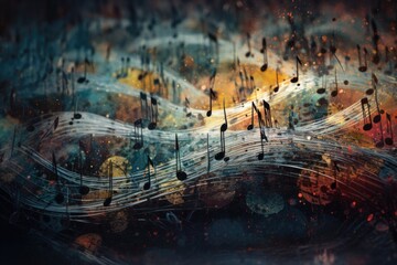 World music day. Abstract image showcasing a symphony of musical notes floating in a vibrant landscape. Musical harmony, creativity. Generative AI.
