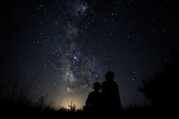 Father's Day. Son's day. Dad and child stargazing under a clear night sky. Family spending time together. Generative AI.