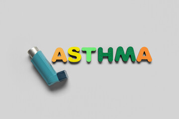 Word ASTHMA and inhaler on grey background