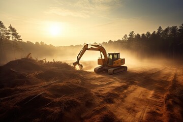 Deforestation, forest being clear-cut with logging machinery. Negative impact on forests, biodiversity loss, habitat destruction, environmental degradation caused by deforestation. AI Generative. - obrazy, fototapety, plakaty