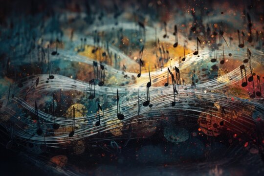 World music day. Abstract image showcasing a symphony of musical notes floating in a vibrant landscape. Musical harmony, creativity. Generative AI.