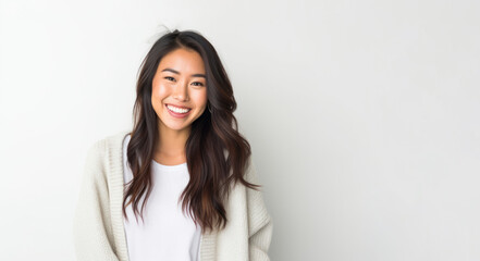 Fototapeta premium Lifestyle portrait photography of a satisfied woman in her 20s that is wearing a chic cardigan against a white background . Generative AI