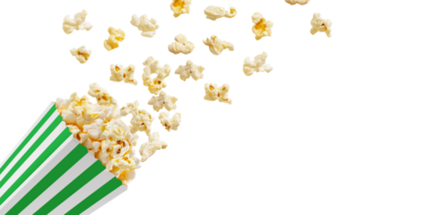 Popcorn flying out of green white striped paper box isolated on white, transparent background, PNG, with copy space. Splash, levitation of popcorn grains.