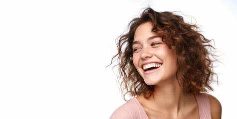 Portrait of a happy young woman laughing, isolated on white background