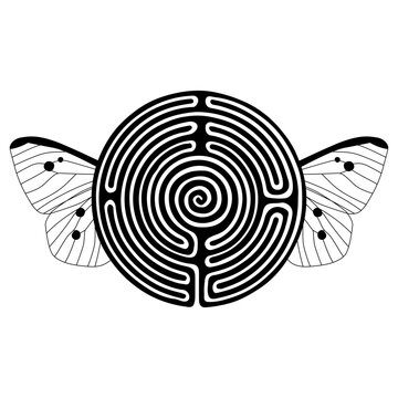 Round Spiral Maze Or Labyrinth Symbol With Butterfly Wings. Flying Target. Creative Funny Concept. Black And White Silhouette.