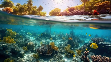 Fototapeta na wymiar a coral reef with fish and trees. Generative AI Art.