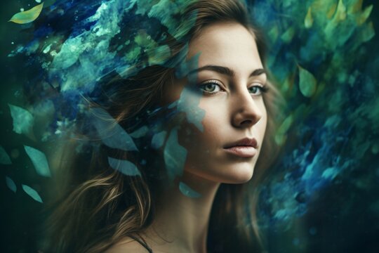 natural young woman surrounded by flowers created with Generative AI technology
