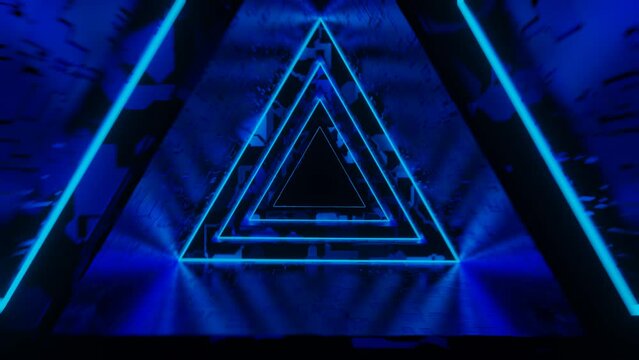 triangular metal tunnel. Flashing lines in pink in a triangular tunnel to the beat of the music. vj loop. Looped animation.