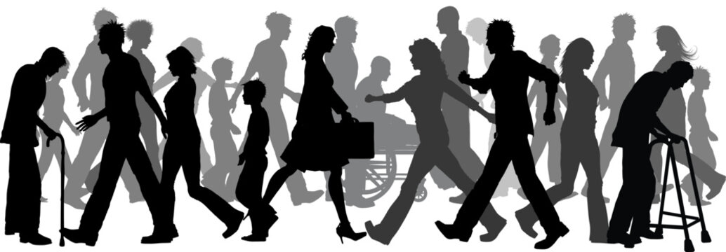 Silhouette of a huge crowd of people walking